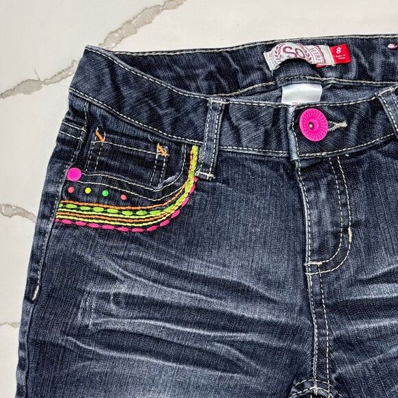 SO | Girls Dark Wash Denim Jean Shorts Neon Pink Green Accents Stitching - Picture 3 of 14